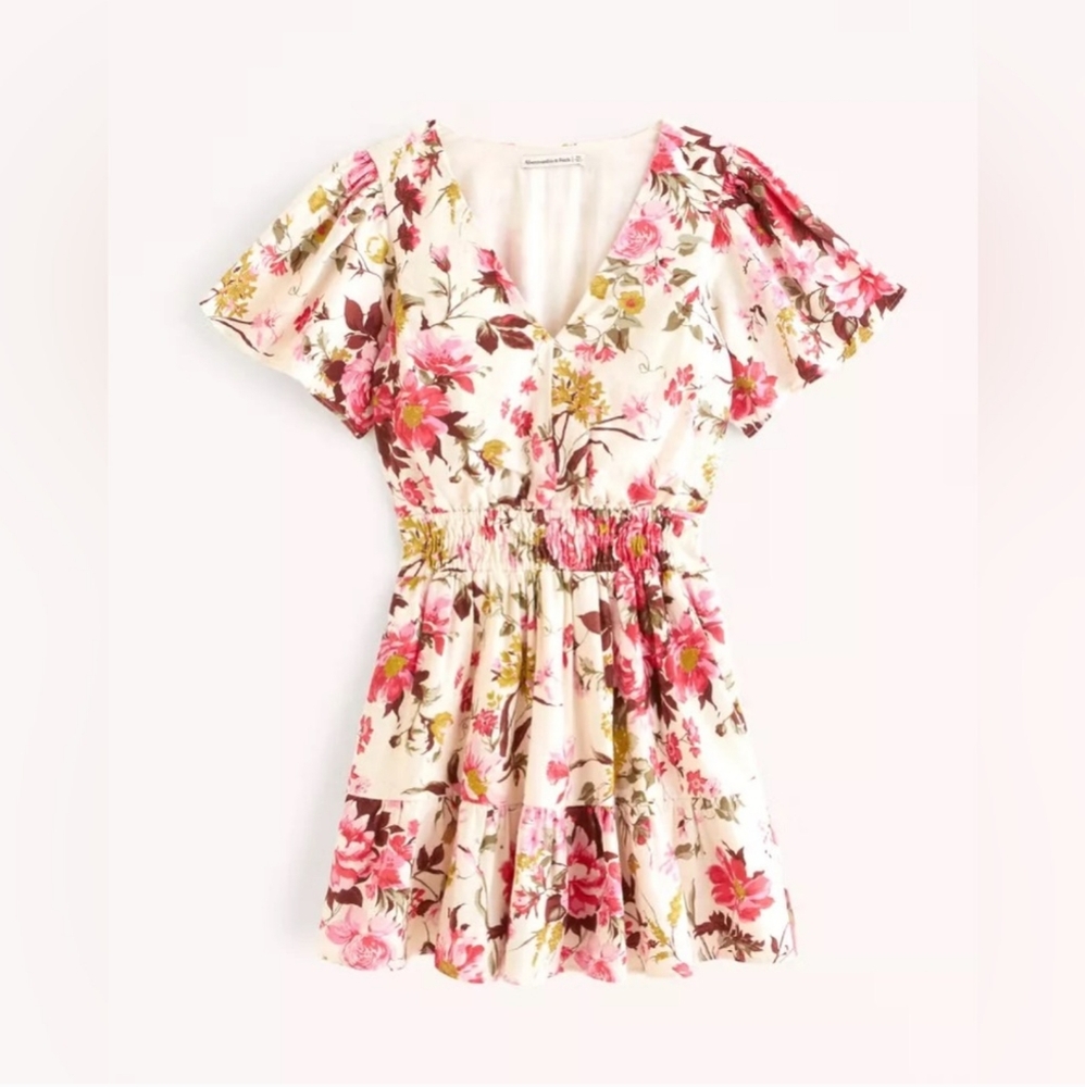 Abercrombie Floral Linen Blend V-Neck Flutter Sleeve Smocked Waist Mini Dress